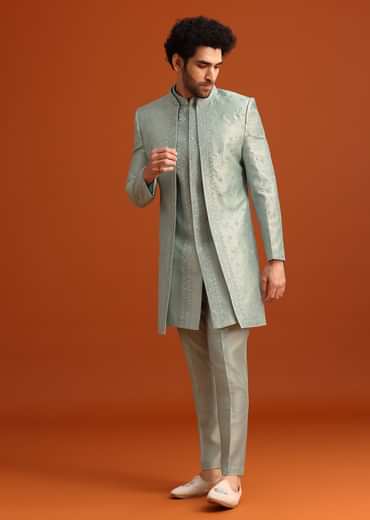 Ice Blue Cotton Silk Embroidered Sherwani Set