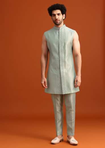 Ice Blue Cotton Silk Embroidered Sherwani Set