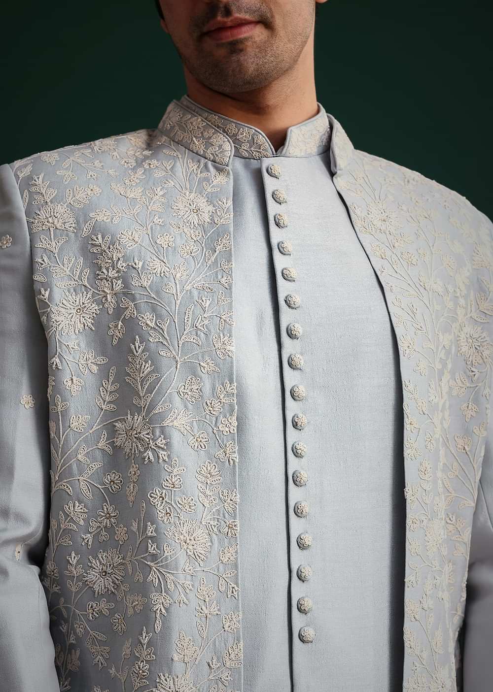 Ice Blue Cotton Silk Hand Work Sherwani Kurta Set