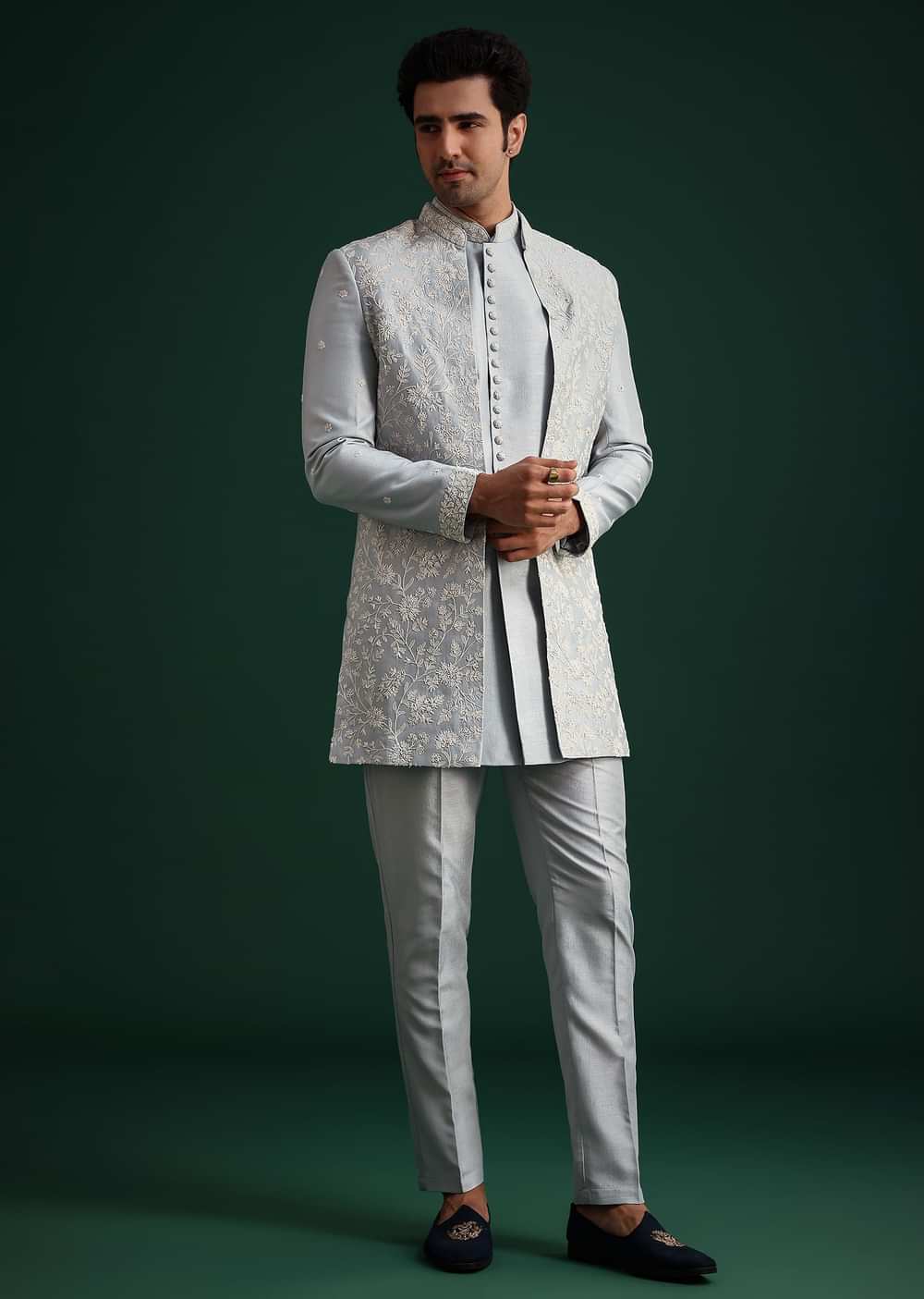 Ice Blue Cotton Silk Hand Work Sherwani Kurta Set
