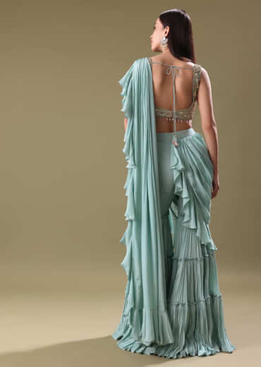 Ice Blue Frill Saree With Embroidered Blouse