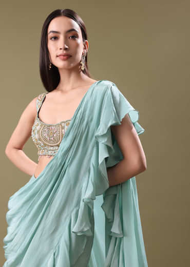 Ice Blue Frill Saree With Embroidered Blouse
