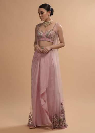 Icy Pink Draped Skirt And Crop Top Set With Long Jacket And 3D Flower Embroidery