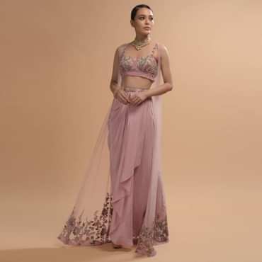 Icy Pink Draped Skirt And Crop Top Set With Long Jacket And 3D Flower Embroidery