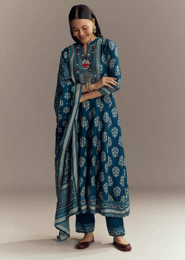 Indigo Blue Muslin Printed Anarkali Suit