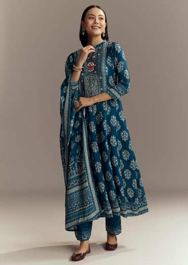 Indigo Blue Muslin Printed Anarkali Suit