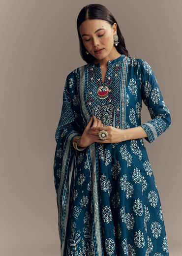 Indigo Blue Muslin Printed Anarkali Suit