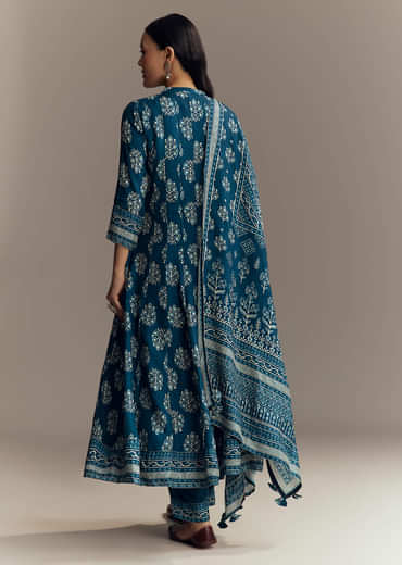 Indigo Blue Muslin Printed Anarkali Suit