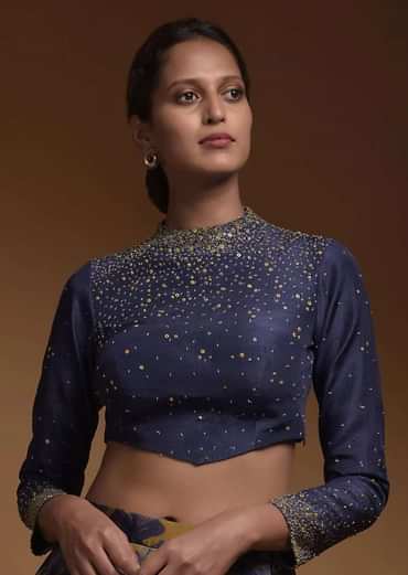 Indigo Crop Top In Silk Blend With Sequins And Beads Work In Gradient Pattern And Full Sleeves