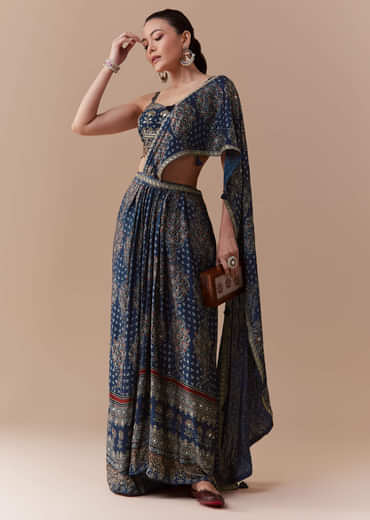 Indigo Ready Pleated Ajrakh Print Saree with Blouse