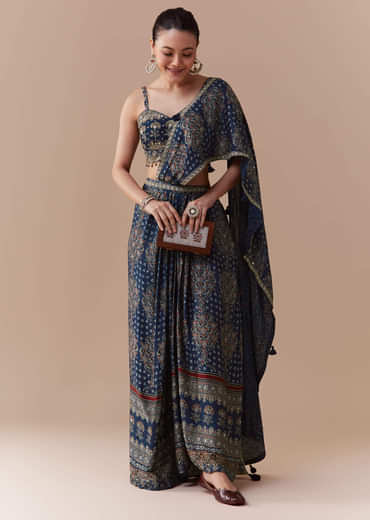 Indigo Ready Pleated Ajrakh Print Saree with Blouse