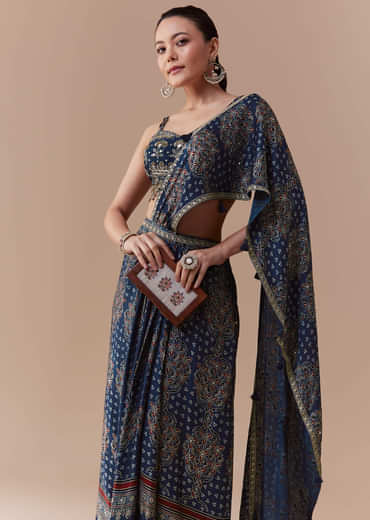 Indigo Ready Pleated Ajrakh Print Saree with Blouse