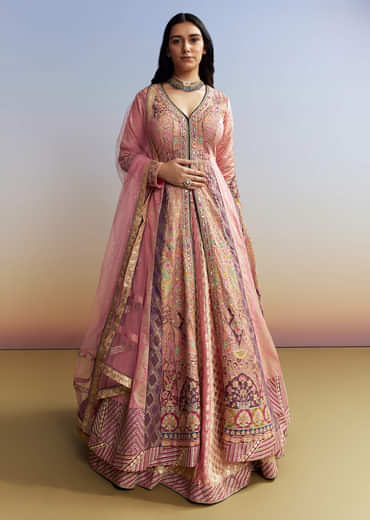 Indo Western Pink Silk Kurta Lehenga Set