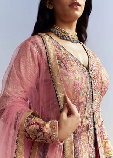Indo Western Pink Silk Kurta Lehenga Set