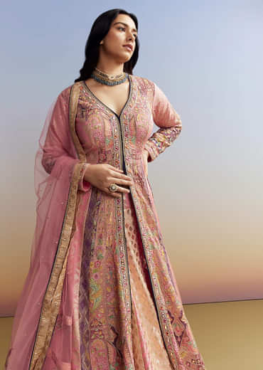Indo Western Pink Silk Kurta Lehenga Set