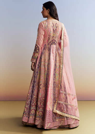 Indo Western Pink Silk Kurta Lehenga Set