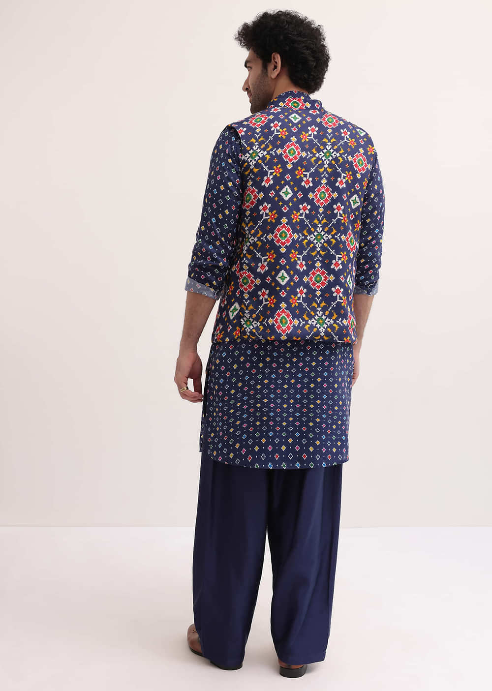 Ink Blue Patola Printed Kurta Jacket Set For Men
