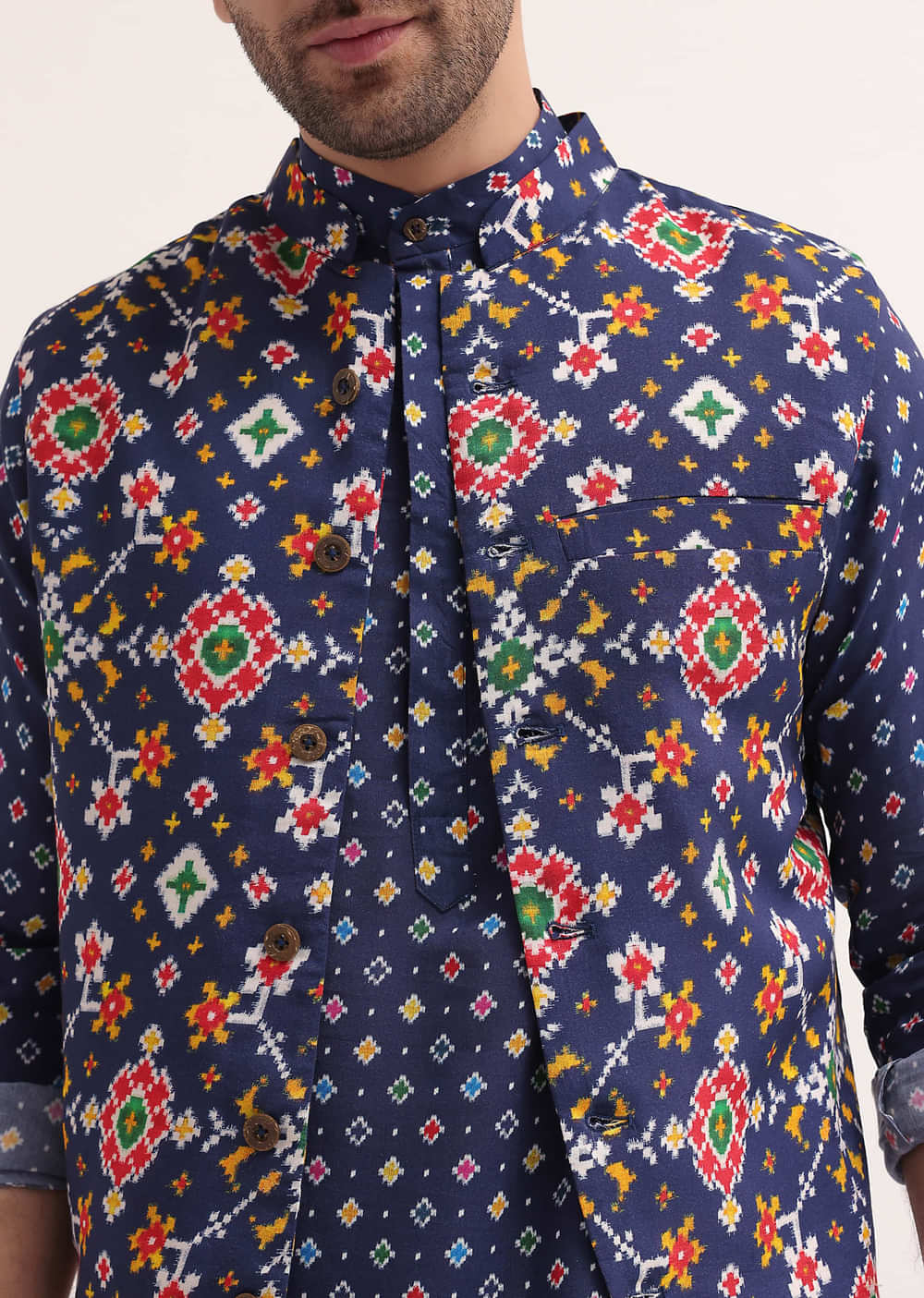 Ink Blue Patola Printed Kurta Jacket Set For Men