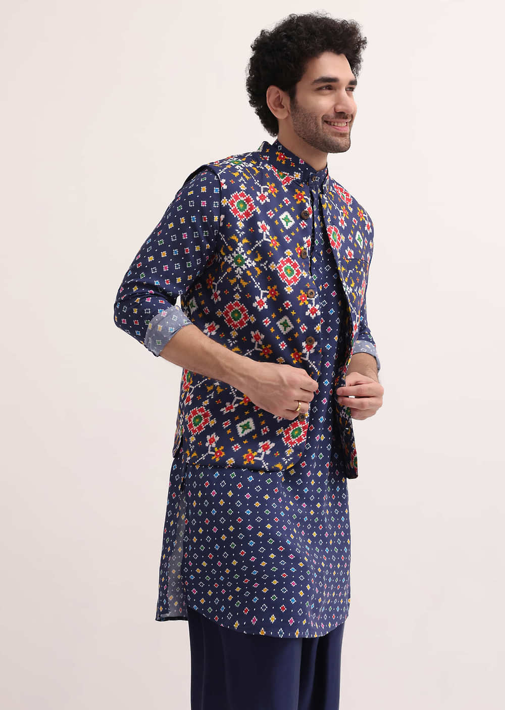 Ink Blue Patola Printed Kurta Jacket Set For Men