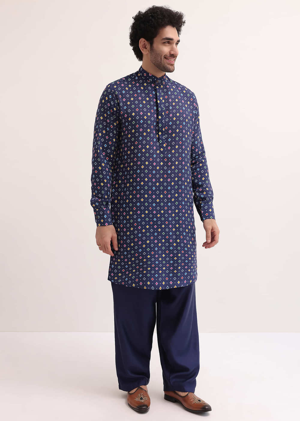 Ink Blue Patola Printed Kurta Jacket Set For Men