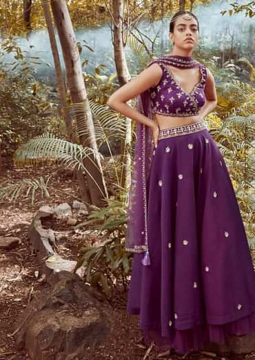 Irish Purple Lehenga Choli In Raw Silk With Cut Dana And Beads Embroidered Floral Buttis And Overlapping V Neckline