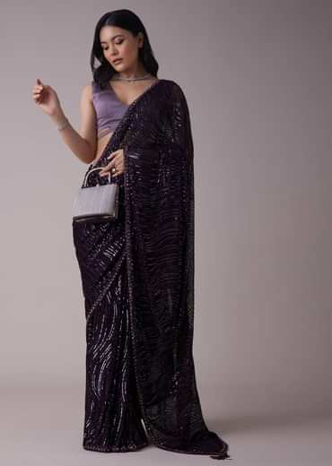 Wine Purple Sequins Saree With An Embellished Border