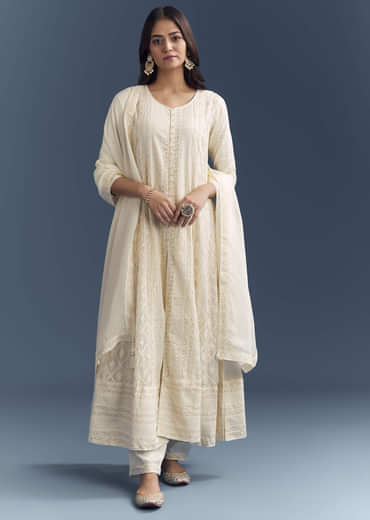 Ivory Chanderi Anarkali Suit With Thread And Sequins Embroidery