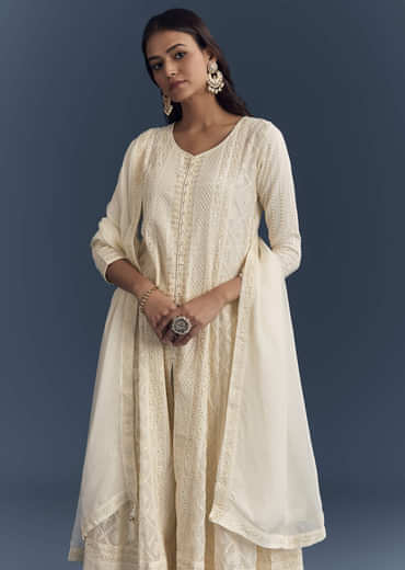 Ivory Chanderi Anarkali Suit With Thread And Sequins Embroidery