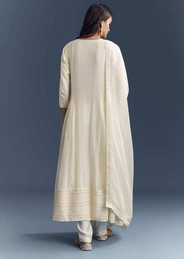 Ivory Chanderi Anarkali Suit With Thread And Sequins Embroidery