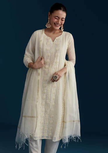 Ivory Chanderi Kurta Set with Thread Work
