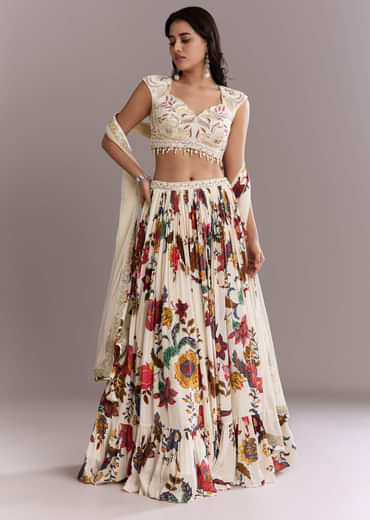 Ivory Crepe Floral Bridesmaid Lehenga With Heavy Hand Embroidery