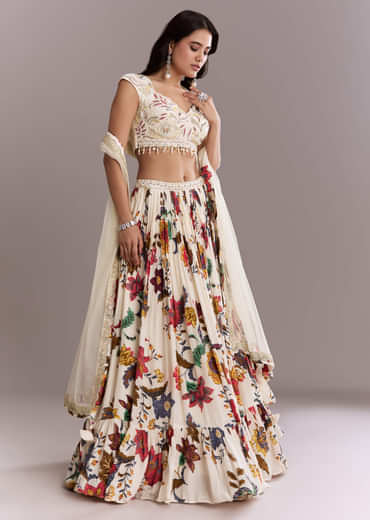 Ivory Crepe Floral Bridesmaid Lehenga With Heavy Hand Embroidery