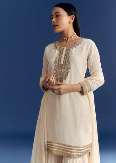Ivory Zardosi Work Crepe Kurta Sharara Set