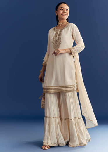Ivory Zardosi Work Crepe Kurta Sharara Set