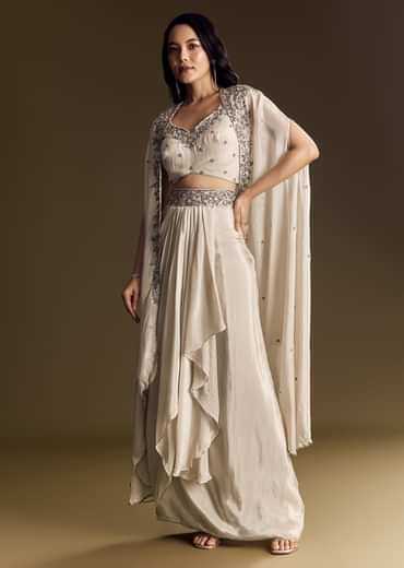 Ivory Crop Top Skirt Set With Cape And Silver Zardozi Work