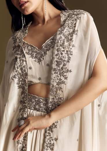 Ivory Crop Top Skirt Set With Cape And Silver Zardozi Work