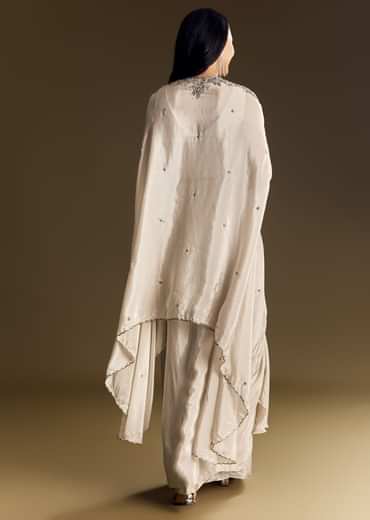 Ivory Crop Top Skirt Set With Cape And Silver Zardozi Work