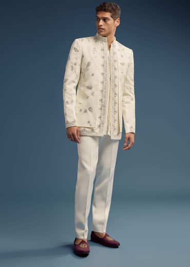 Ivory Dola Silk Jodhpuri Suit For Men With Zardosi Embroidery