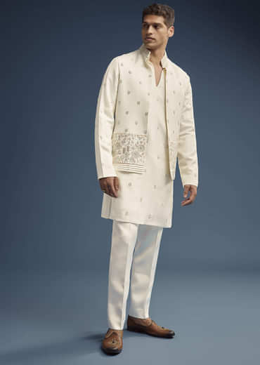 Ivory Dola Silk Kurta Jacket Set For Men With Zardosi Embroidery