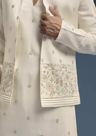 Ivory Dola Silk Kurta Jacket Set For Men With Zardosi Embroidery