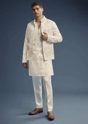 Ivory Dola Silk Kurta Jacket Set For Men With Zardosi Embroidery