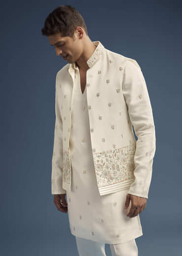 Ivory Dola Silk Kurta Jacket Set For Men With Zardosi Embroidery