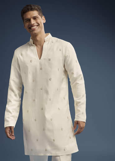 Ivory Dola Silk Kurta Jacket Set For Men With Zardosi Embroidery