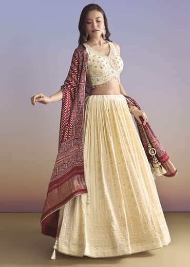 Ivory Georgette Bridesmaid Lehenga With Lucknowi Chikankari And Mirror Work