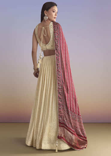 Ivory Georgette Bridesmaid Lehenga With Lucknowi Chikankari And Mirror Work