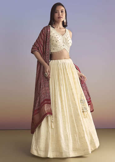 Ivory Georgette Bridesmaid Lehenga With Lucknowi Chikankari And Mirror Work