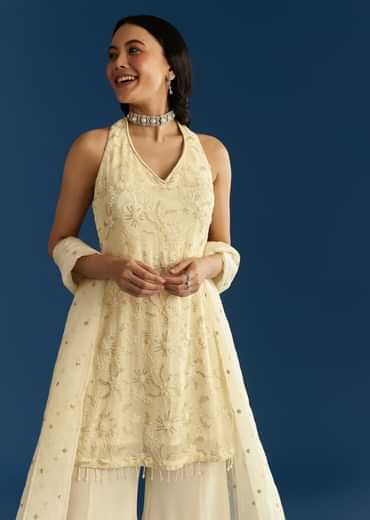 Ivory Georgette Kurta Palazzo Set With Dupatta