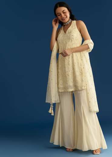 Ivory Georgette Kurta Palazzo Set With Dupatta