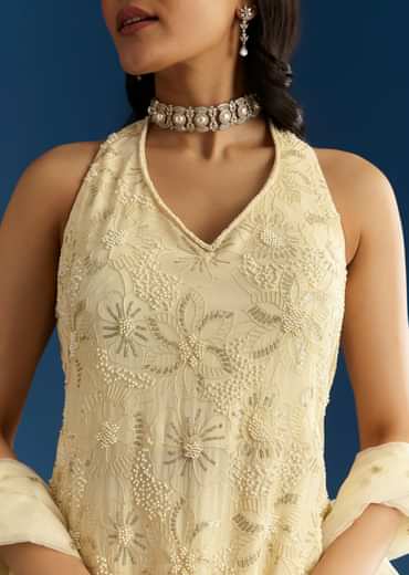 Ivory Georgette Kurta Palazzo Set With Dupatta