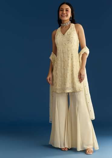 Ivory Georgette Kurta Palazzo Set With Dupatta